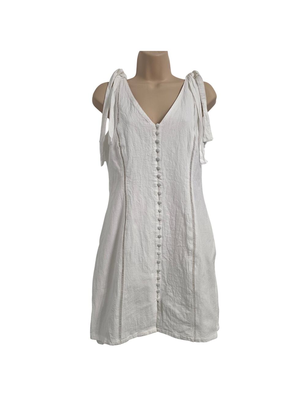 PINCH White Cotton Tie Shoulder Mini Dress Size L Cottagecore Button Front Beach